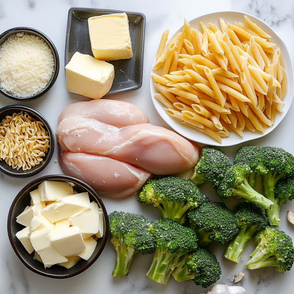 Ingredients for Chicken Broccoli Alfredo Bake, including chicken, broccoli, pasta, and cheese.