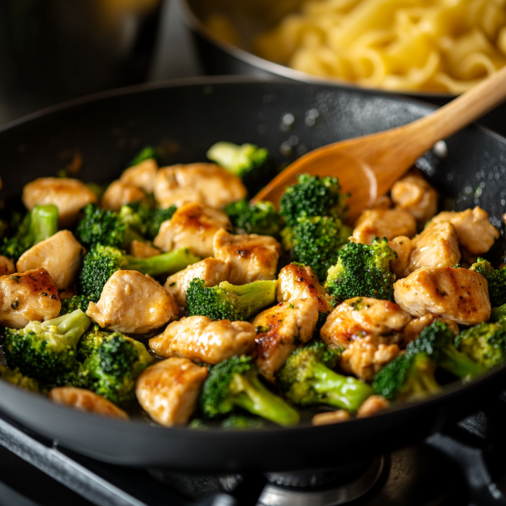 Chicken and broccoli cooking in a skillet for Chicken Broccoli Alfredo Bake.