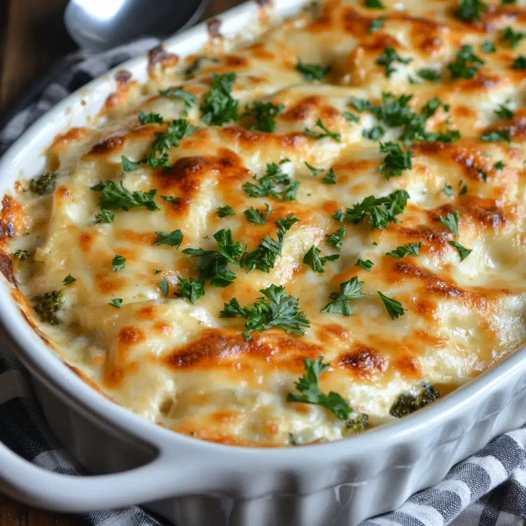 Chicken Broccoli Alfredo Bake casserole topped with golden cheese.