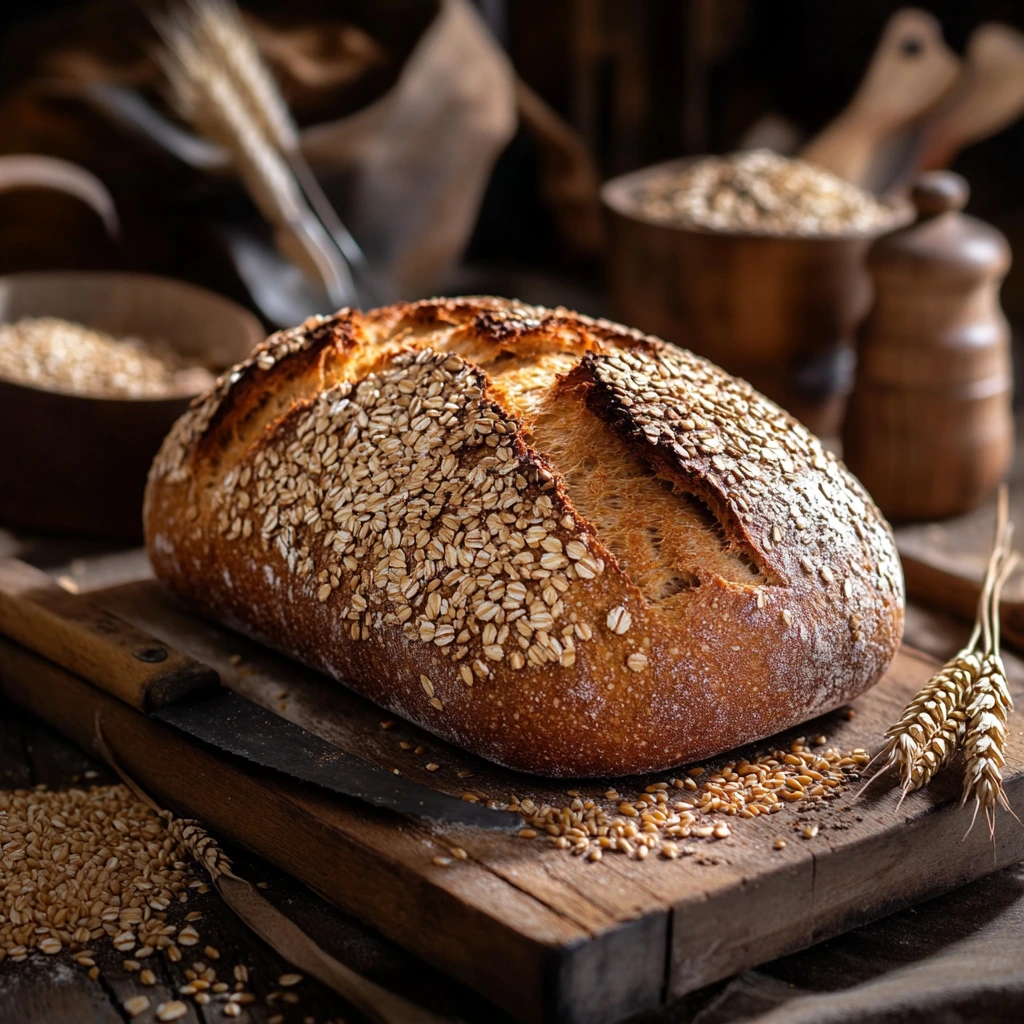 A rustic loaf of wheatberry bread on a wooden board with grains.