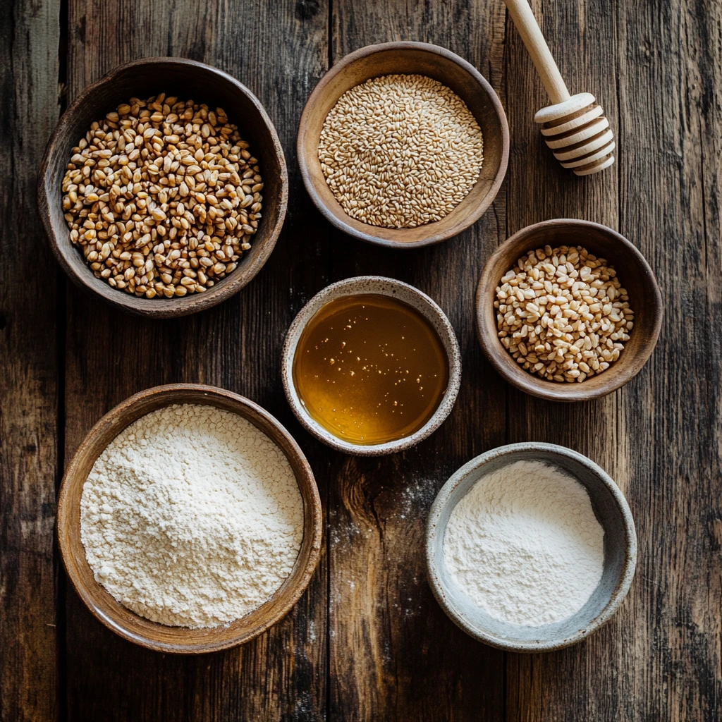  Ingredients for wheatberry bread displayed on a wooden table.