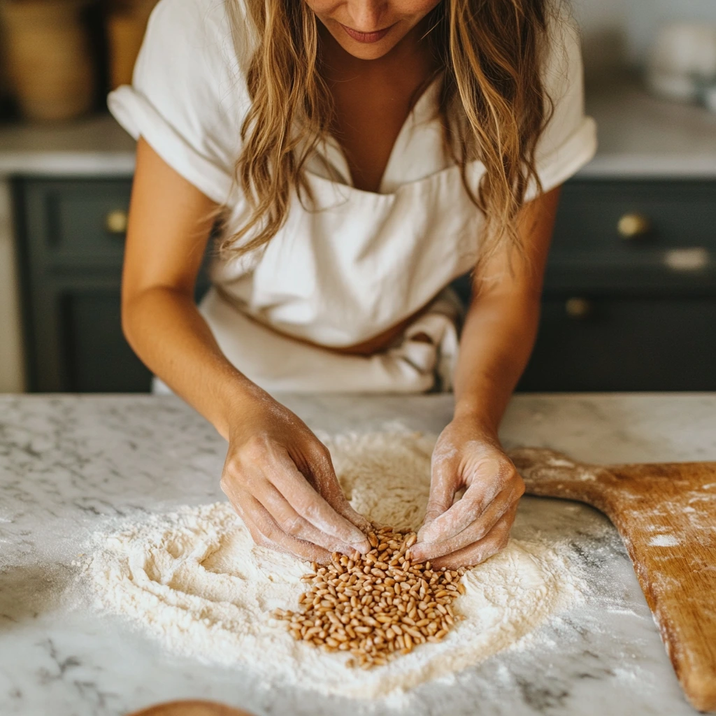 A baker kneading wheatberry bread dough with grains visible.