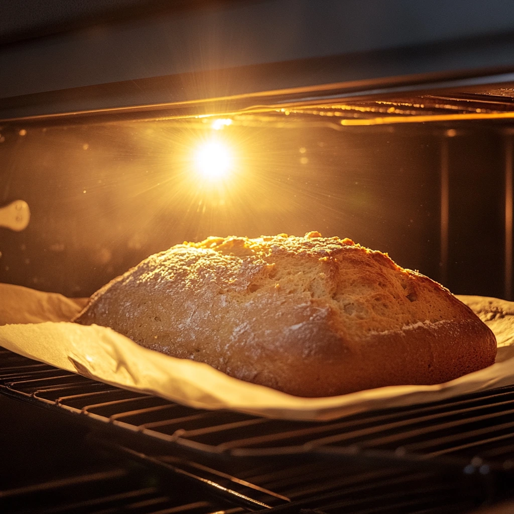 Wheatberry bread baking in an oven with a golden crust.