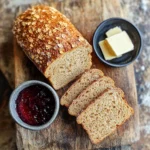 Freshly baked wheatberry bread with a golden crust, served on a rustic wooden board with a side of butter and jam.