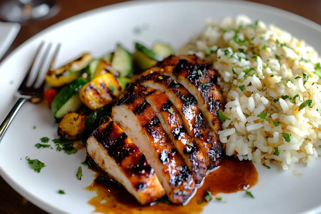 Sliced honey chipotle chicken with a smoky, sweet glaze, served alongside cilantro lime rice and grilled vegetables.