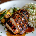 Sliced honey chipotle chicken with a smoky, sweet glaze, served alongside cilantro lime rice and grilled vegetables. card