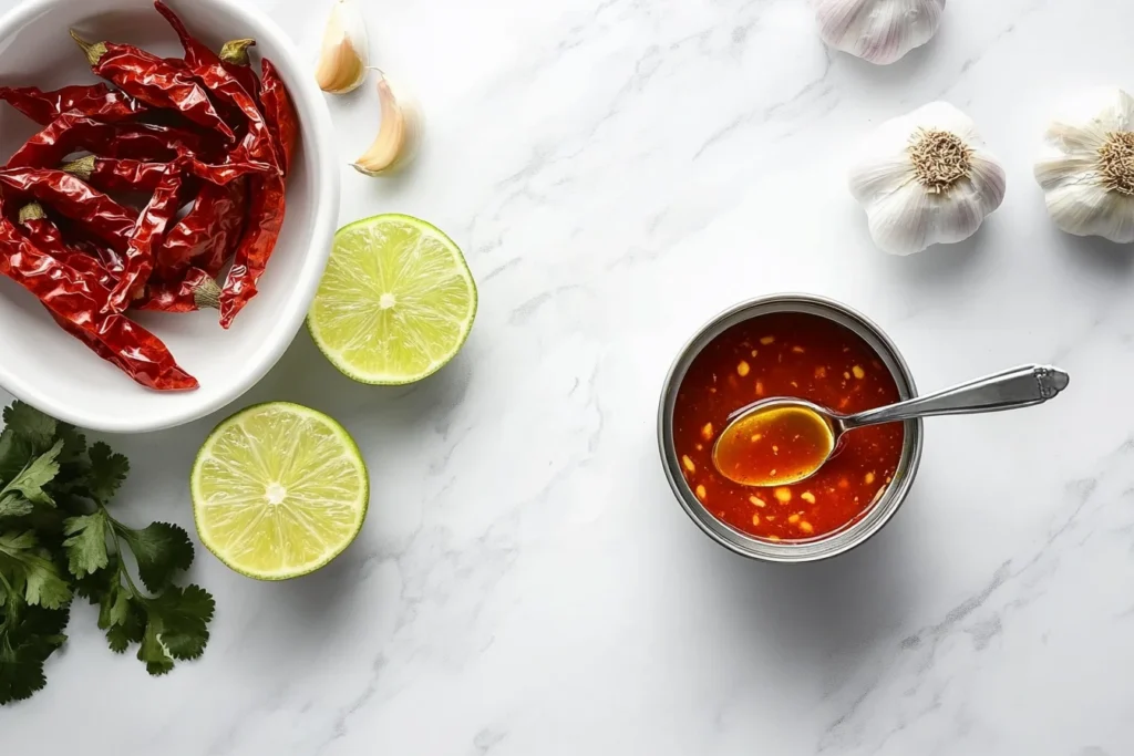 Key ingredients for honey chipotle chicken, including chipotle peppers in adobo, fresh honey, garlic, and lime juice, neatly arranged on a kitchen countertop.