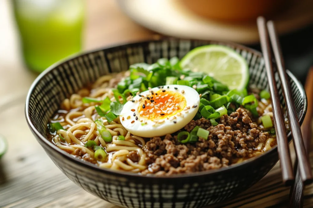 A perfectly plated bowl of Ground Beef Ramen, topped with a soft-boiled egg, green onions, and sesame seeds.