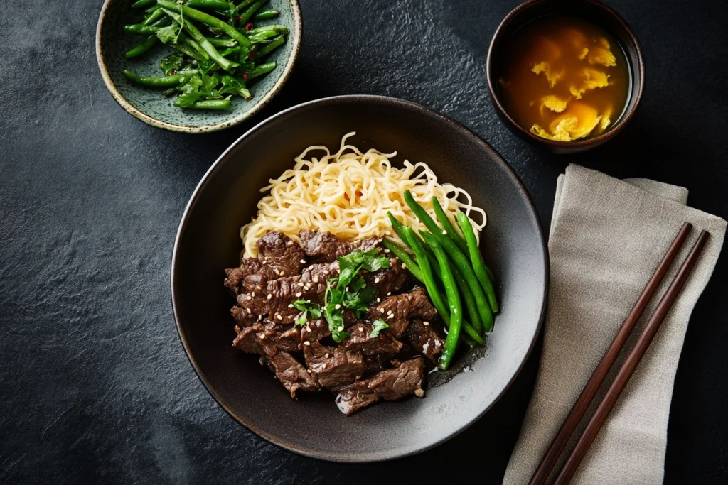 A plated dish of Mongolian beef and noodles served with egg drop soup and stir-fried green beans.