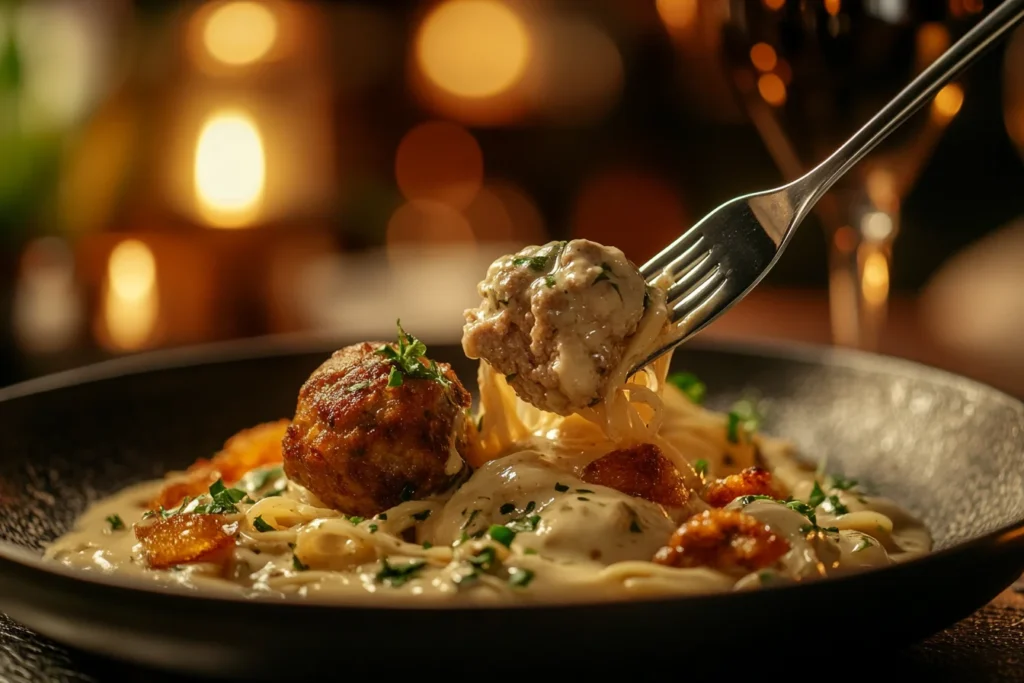 A beautifully plated serving of Meatball Stroganoff with a fork twirling creamy egg noodles.