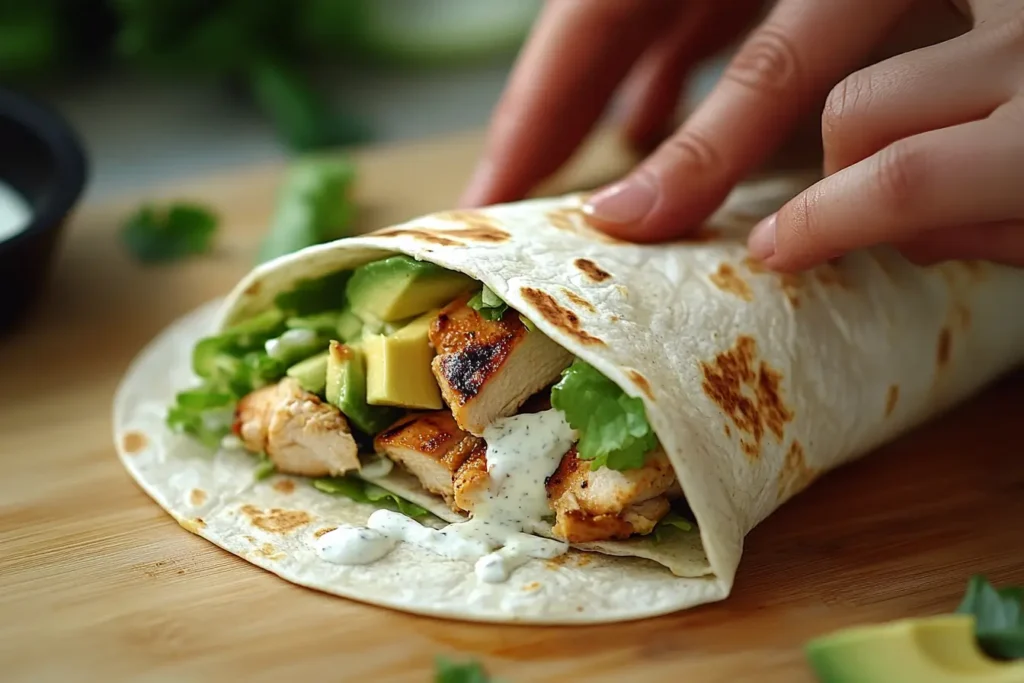 Hands folding a grilled chicken wrap, tucking in the sides before rolling.