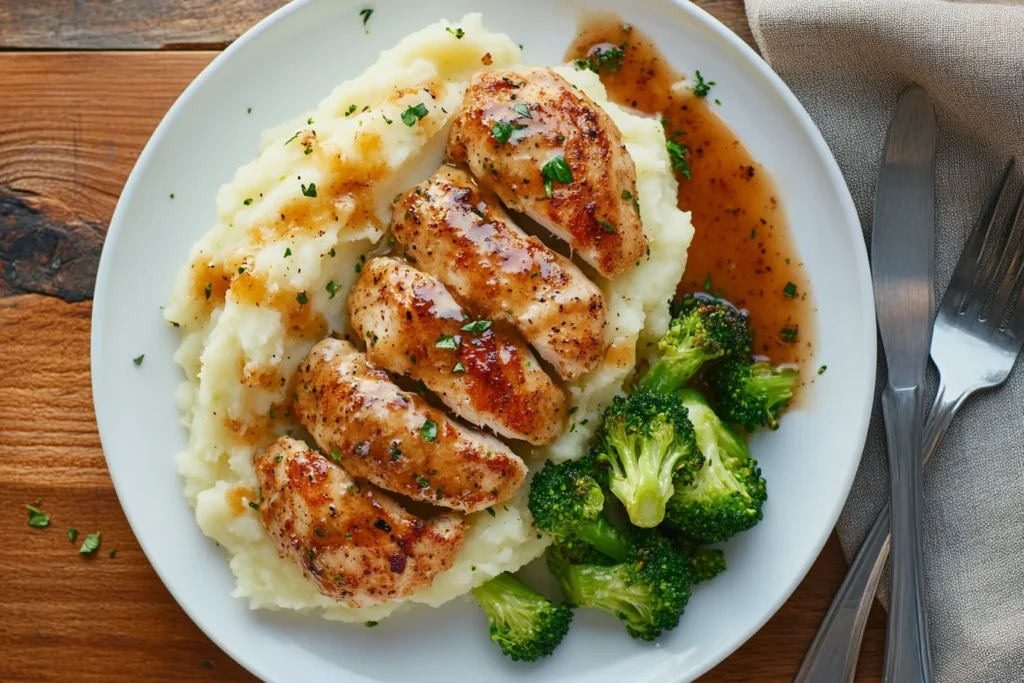 Baked chicken tenderloins served with mashed potatoes and steamed broccoli for a balanced meal.