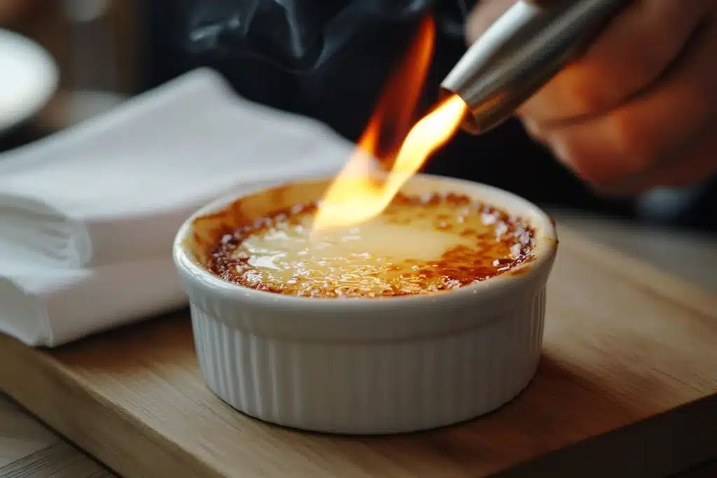 A chef using a kitchen torch to caramelize sugar on a crab brulee, creating a golden, crispy crust.