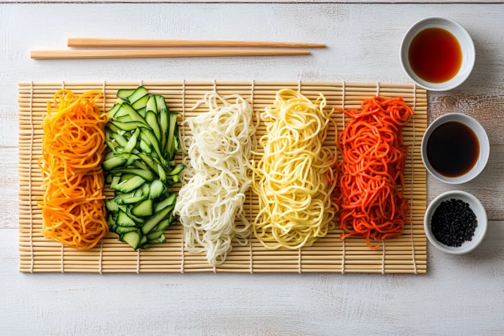 A top-down view of different noodle options for Mongolian beef and noodles, including lo mein, rice noodles, and zucchini noodles.