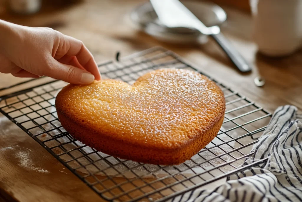 A freshly baked heart cake cooling on a wire rack, showcasing a golden-brown surface, ready for decoration.