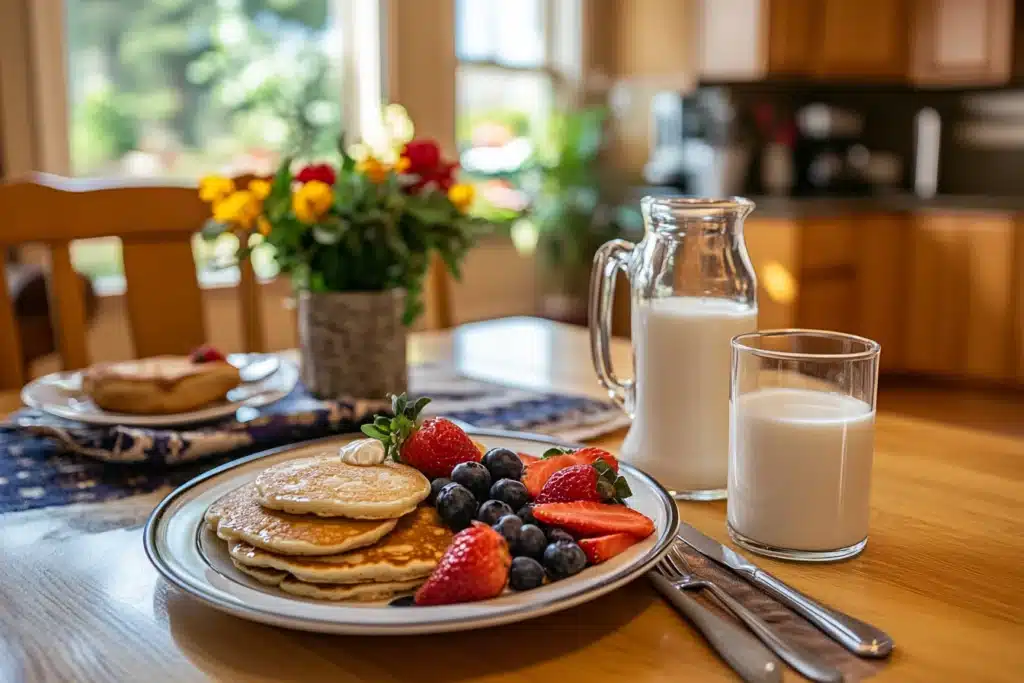  A breakfast table with pancakes, fruit, and milk.
Title: Cozy Breakfast Scene