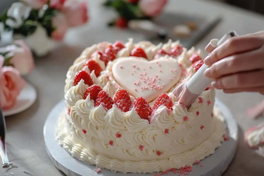 A baker piping delicate buttercream swirls onto a heart cake, finishing with fresh strawberries and edible decorations.