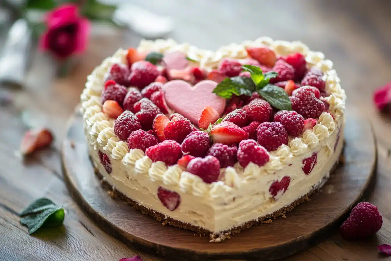 A beautifully decorated heart cake with pink buttercream, fresh strawberries, and piped swirls on a white cake stand, ideal for romantic celebrations.