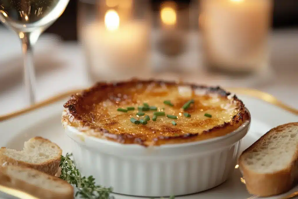 A gourmet crab brulee with a caramelized crust, garnished with chives and served with toasted baguette slices.