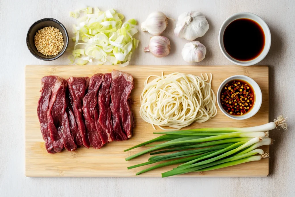 A top-down shot of ingredients for Mongolian beef and noodles, including sliced beef, soy sauce, garlic, ginger, and cooked noodles.