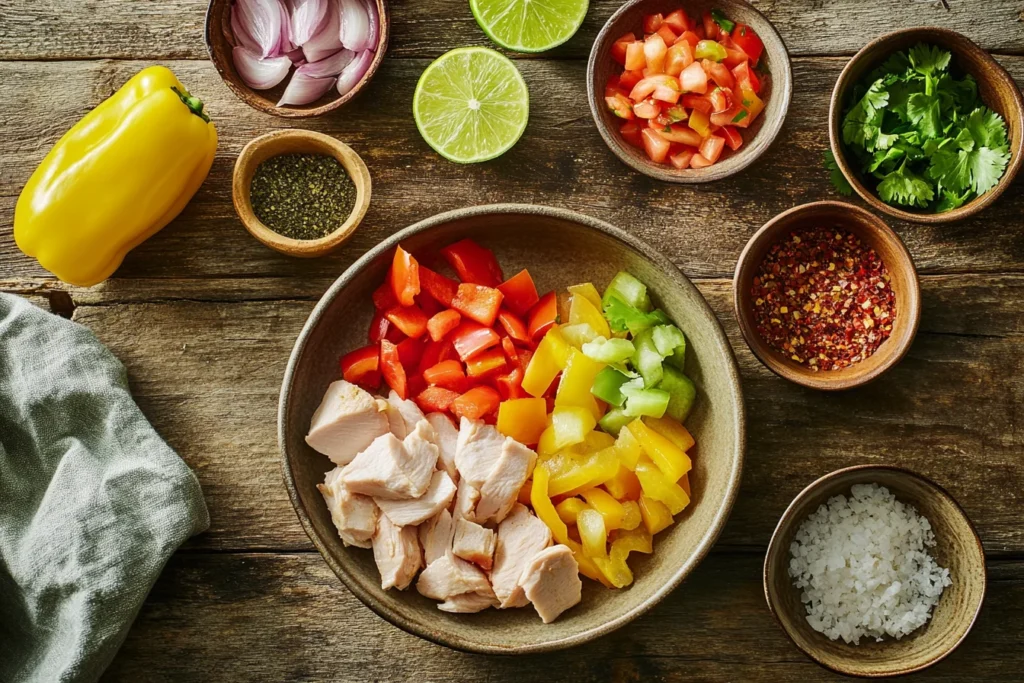 Fresh ingredients for Fajitas de Pollo, including sliced chicken, colorful bell peppers, onions, garlic, limes, and fajita seasoning, arranged on a wooden kitchen counter.