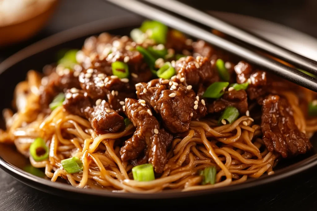 A plated serving of Mongolian beef and noodles with chopsticks resting on the plate, garnished with sesame seeds and green onions.