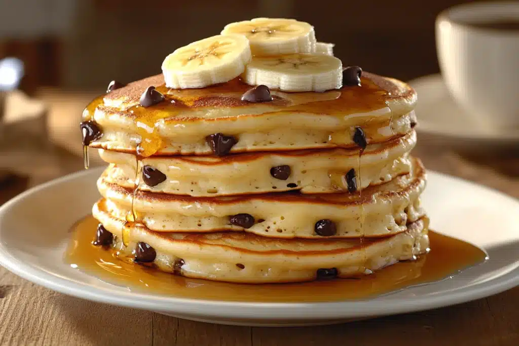 A stack of golden banana chocolate chip pancakes topped with banana slices and drizzled with maple syrup, served on a white plate with a cozy breakfast setup.