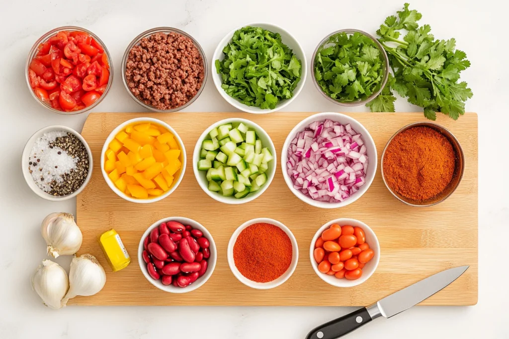 Fresh ingredients for a ground beef crock pot recipe, including ground beef, onions, garlic, canned tomatoes, and spices.