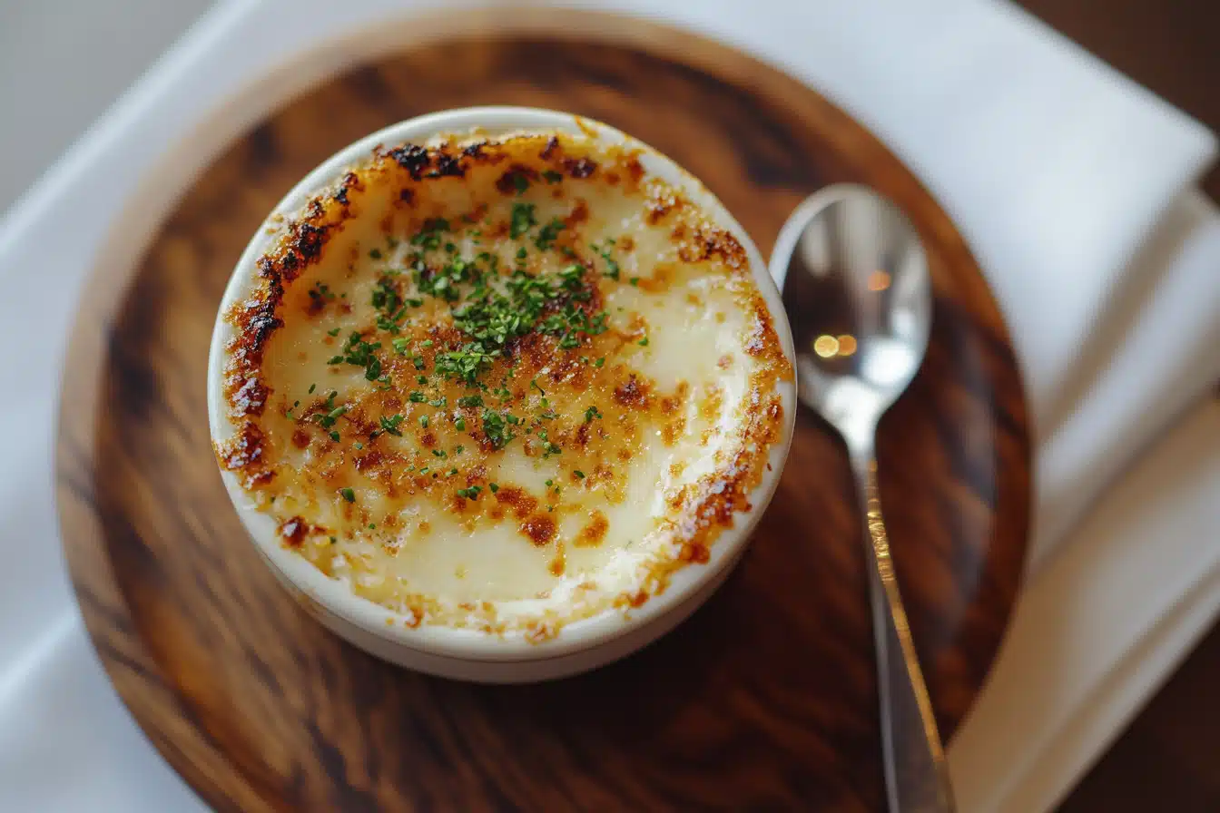 Close-up of a crab brulee in a white ramekin with a golden caramelized sugar crust, served on a rustic wooden plate.