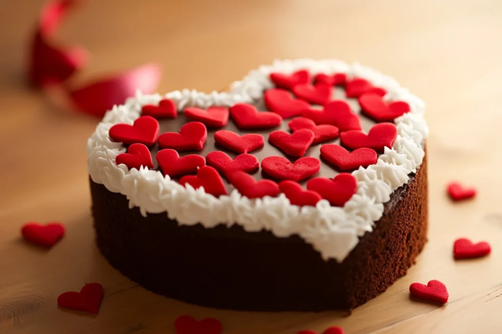 A beautifully decorated heart-shaped chocolate cake with white frosting and red fondant hearts, placed on a wooden table.