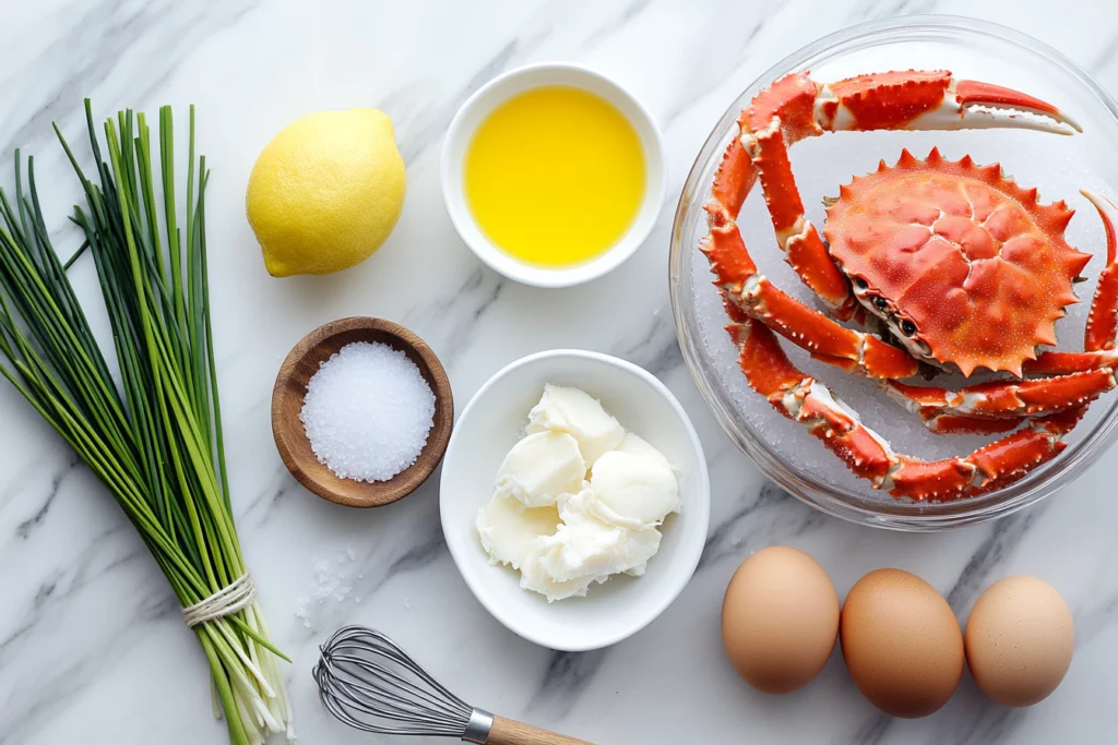 Overhead view of fresh ingredients for crab brulee, including crab meat, eggs, cream, sugar, and seasonings on a marble countertop.