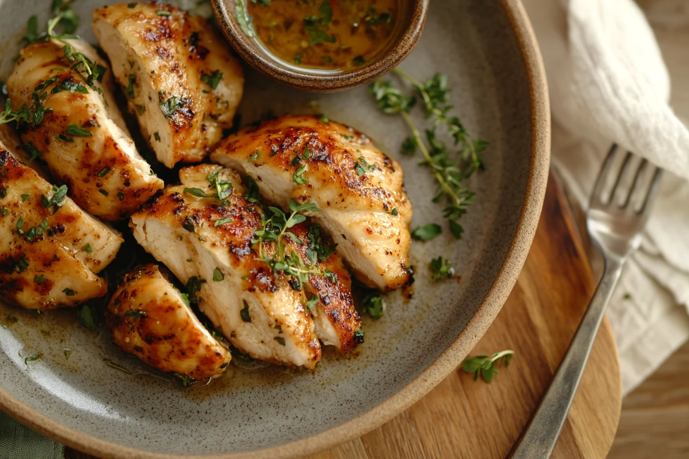 Crispy baked chicken tenderloins served on a rustic plate with fresh herbs and dipping sauce.