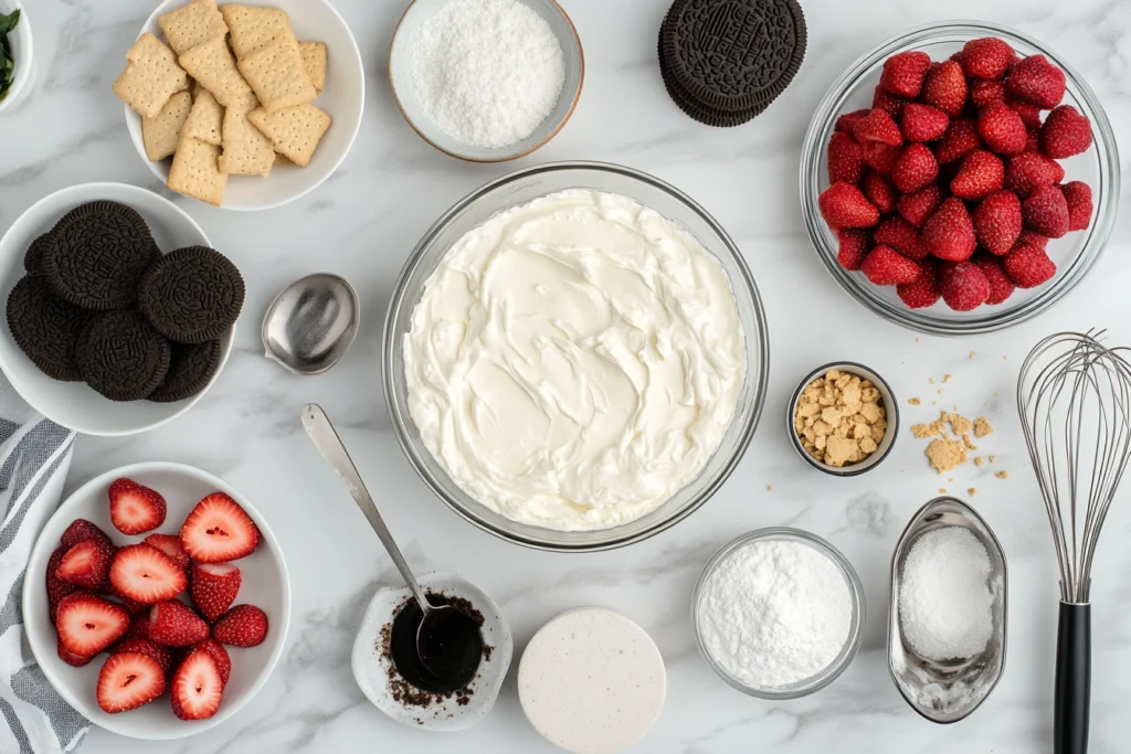  Ingredients for strawberry crunch cheesecake, including graham crackers, butter, cream cheese, sugar, vanilla extract, and strawberries, arranged on a marble countertop.