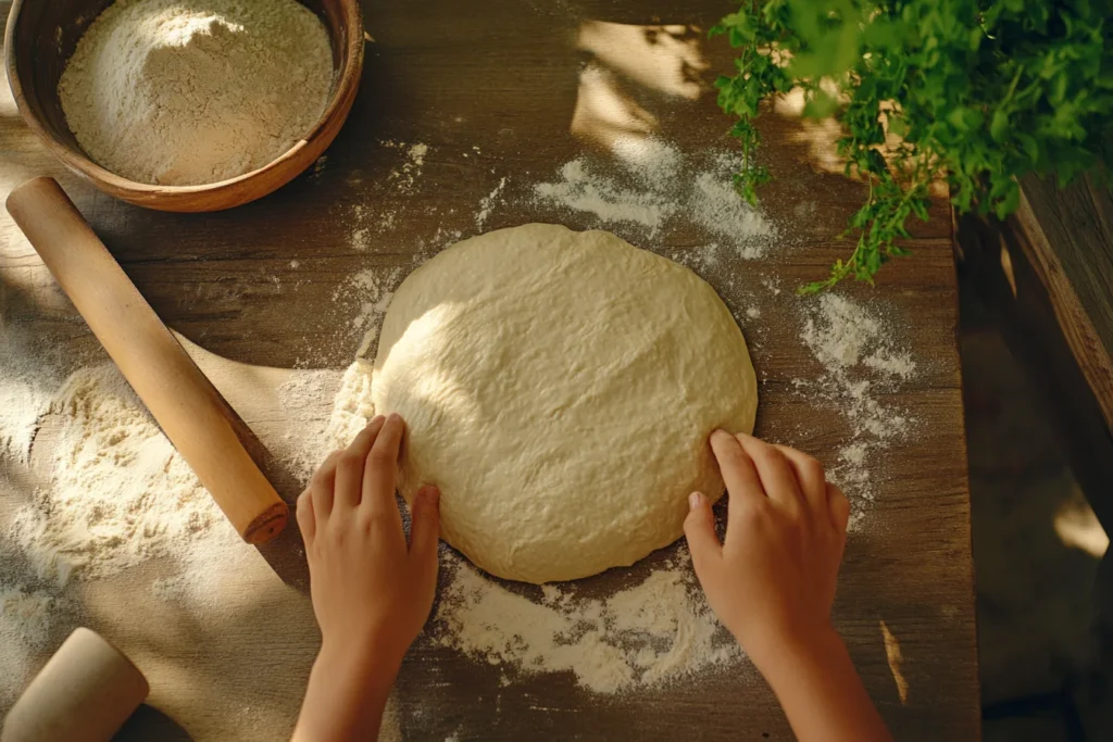  Hands kneading condensed milk bread dough on a floured wooden surface, preparing for a soft, fluffy loaf.