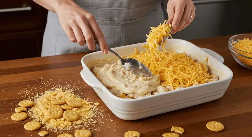 A home cook preparing Million Dollar Chicken Casserole, spreading the creamy filling into a baking dish.