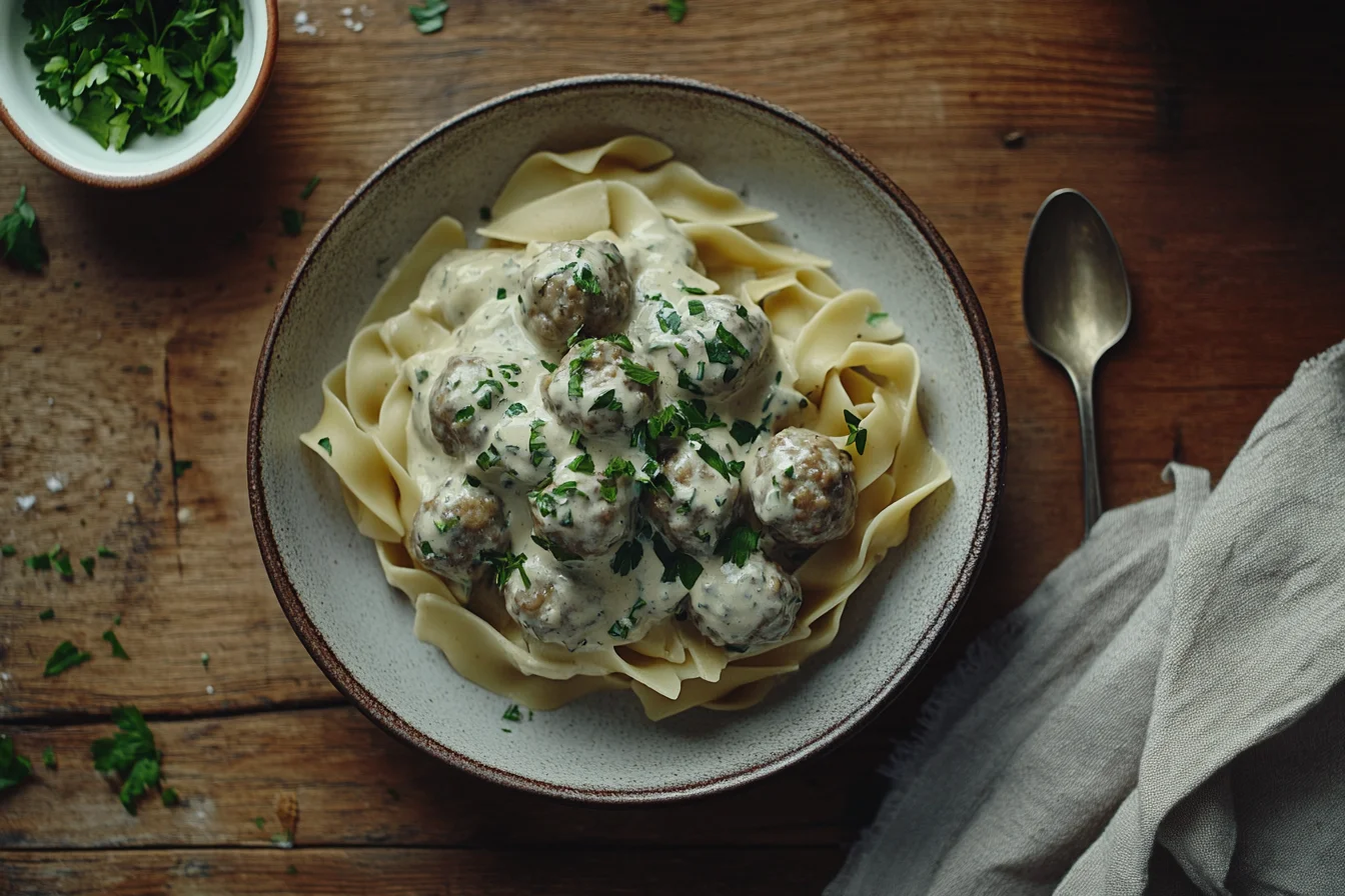 A creamy bowl of Meatball Stroganoff with golden-brown meatballs over buttered egg noodles, garnished with fresh parsley.