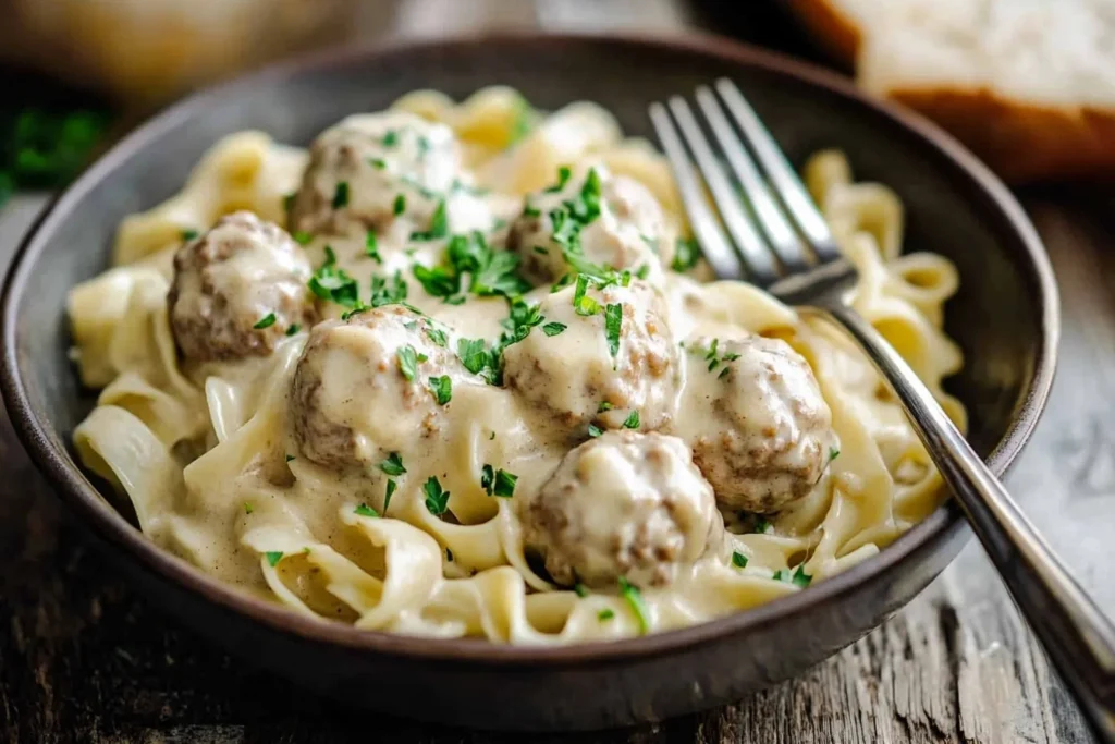 A plate of freshly made Meatball Stroganoff, topped with creamy sauce and waiting to be garnished with parsley.