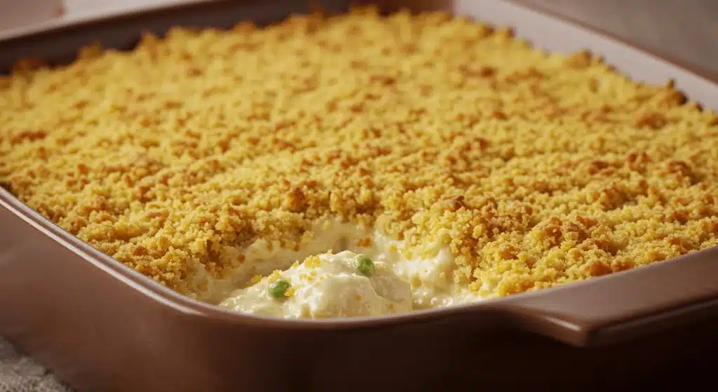 A plated serving of Million Dollar Chicken Casserole, showing its creamy, cheesy interior and crispy golden topping.