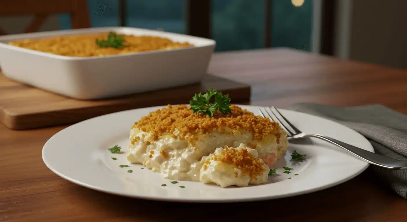 A golden-brown Million Dollar Chicken Casserole in a white baking dish, with a serving spoon revealing its creamy filling.