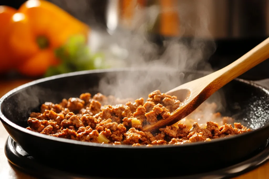 Ground beef sizzling in a skillet, being stirred with a wooden spoon, ready to be transferred to a crock pot.