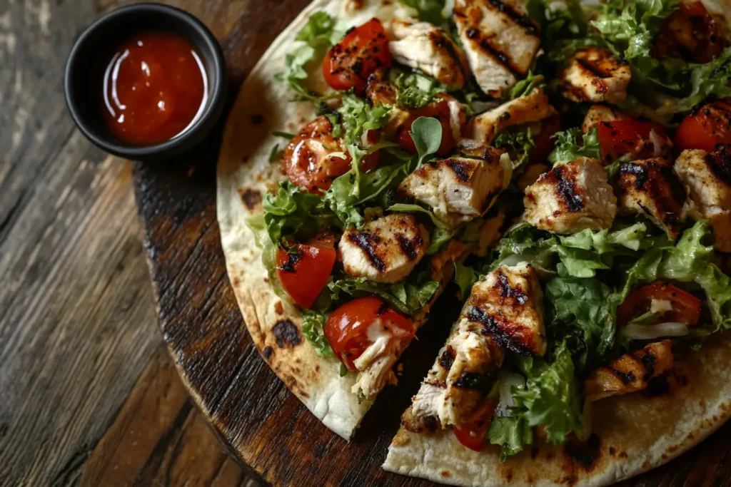 A close-up of a grilled chicken wrap sliced in half, showing juicy grilled chicken, lettuce, and tomatoes in a golden-brown tortilla.