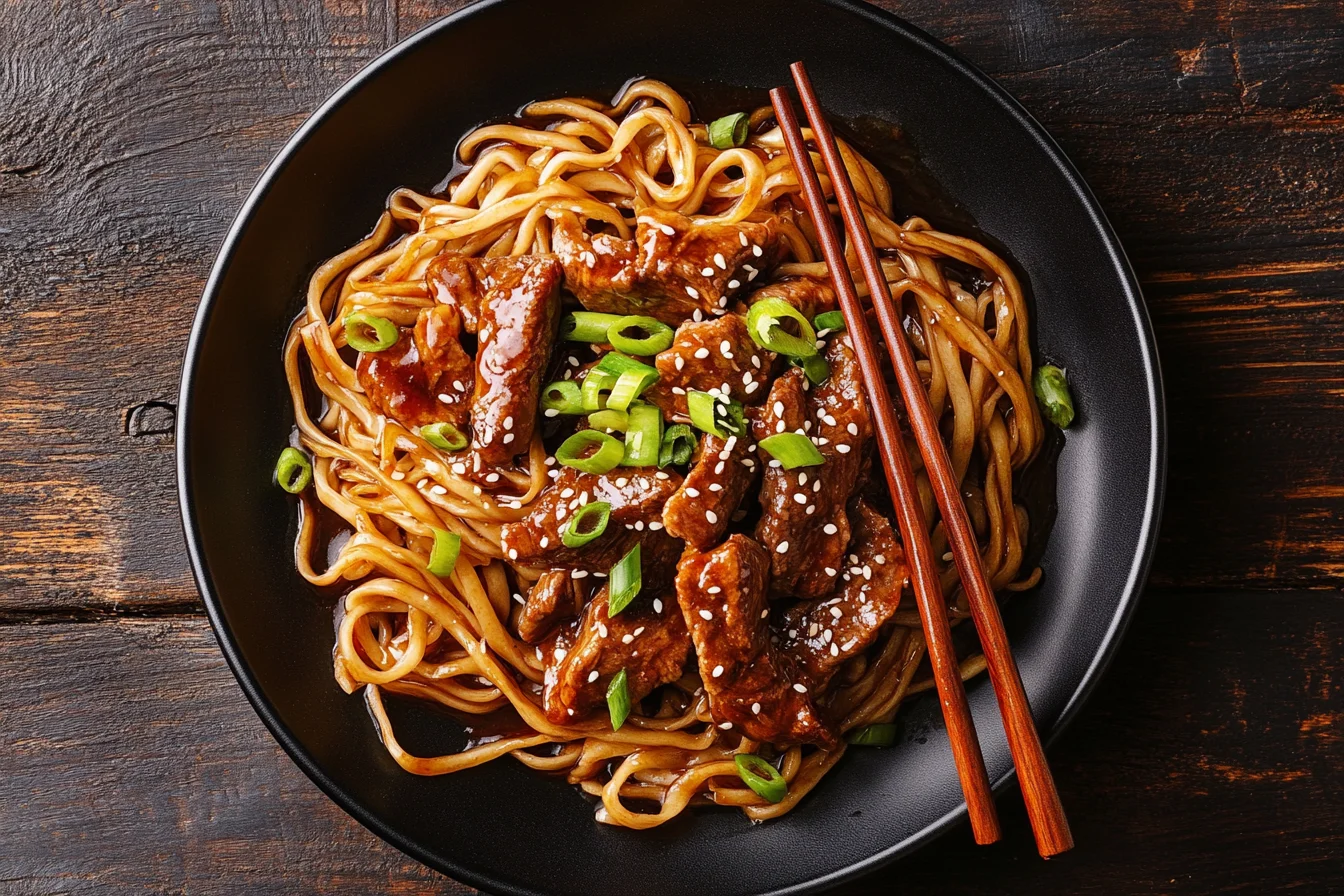 A close-up shot of Mongolian beef and noodles, served on a black plate, garnished with green onions and sesame seeds. card