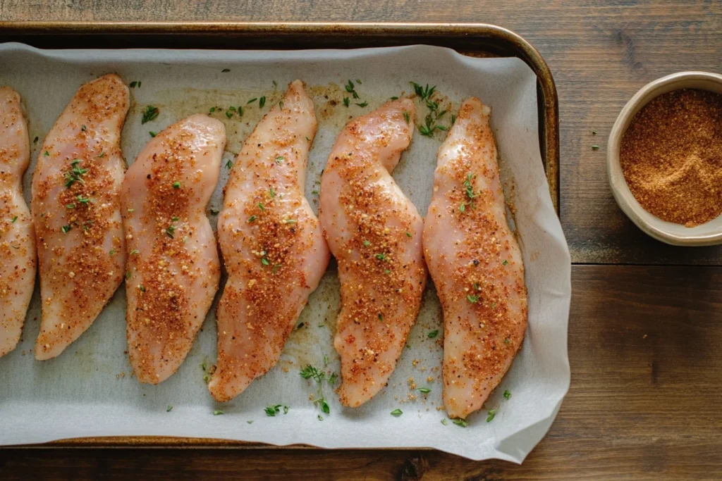 Seasoned chicken tenderloins on a parchment-lined baking sheet, ready for the oven.