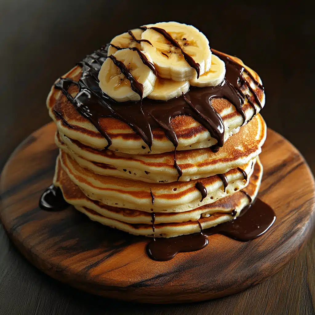 A stack of golden pancakes with chocolate drizzle and banana slices.