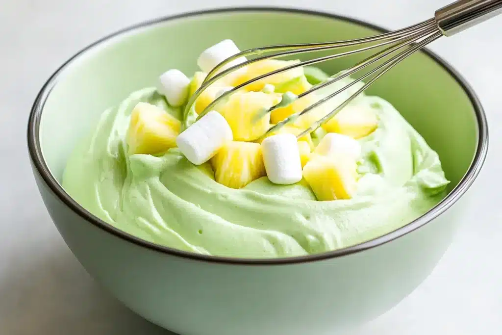 Mixing pistachio pudding with grapes and whipped cream.