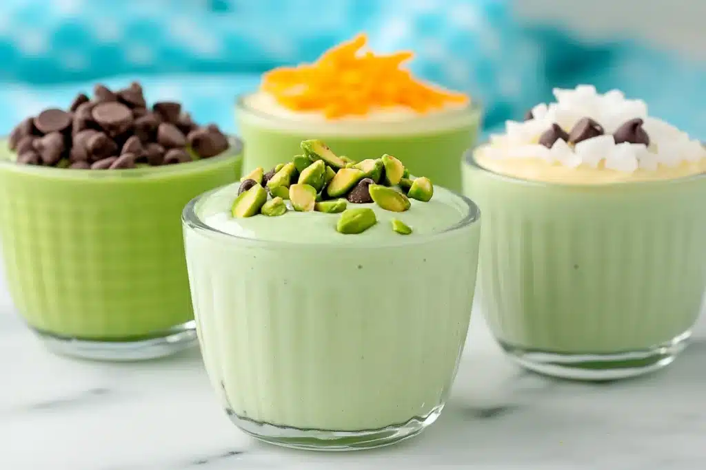 Three bowls of pistachio pudding with different toppings.