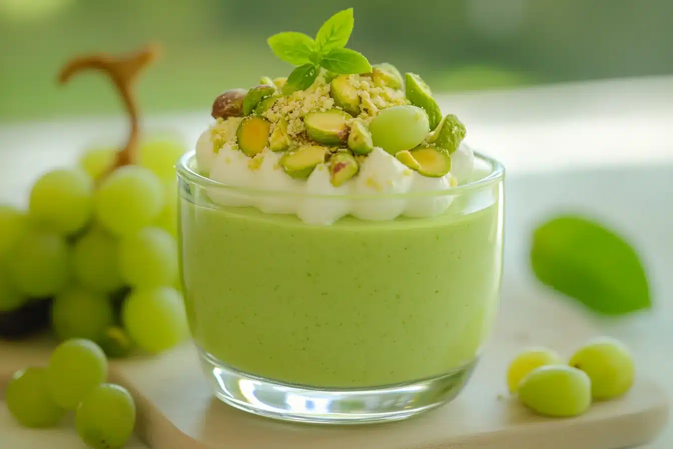 A creamy bowl of pistachio pudding garnished with grapes and nuts.