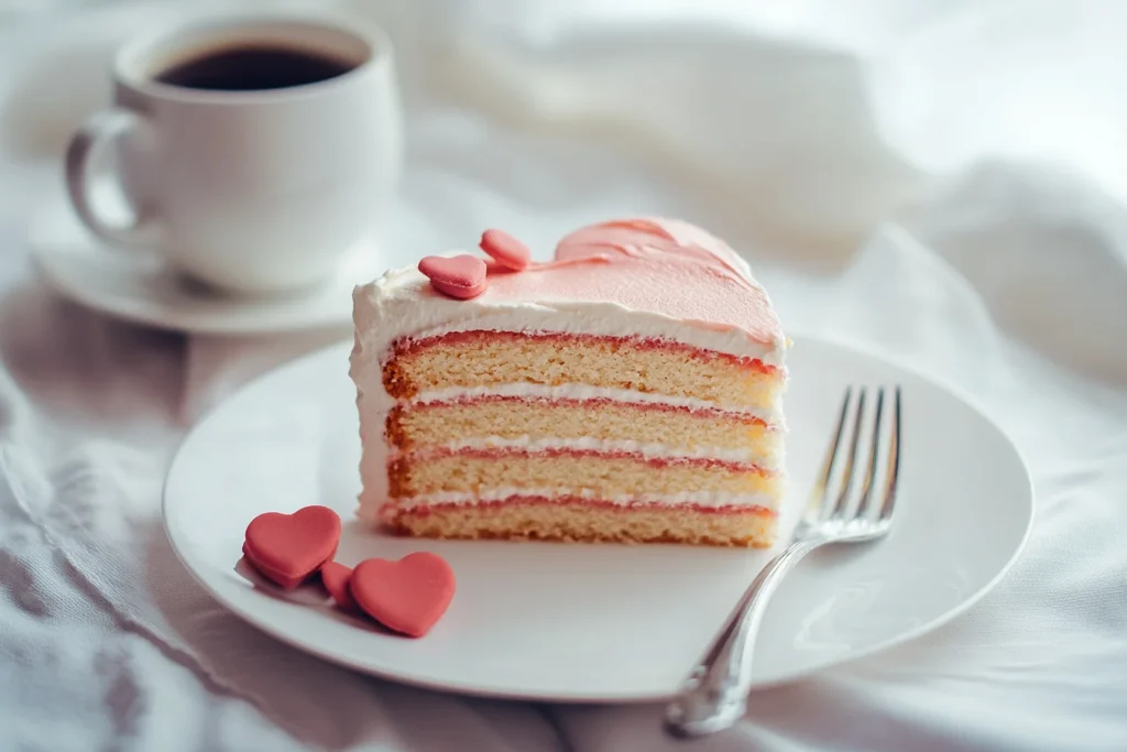 A perfectly sliced heart cake with creamy layers and a fork beside it, ready to be enjoyed with a warm cup of coffee.