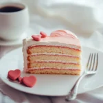 A perfectly sliced heart cake with creamy layers and a fork beside it, ready to be enjoyed with a warm cup of coffee.