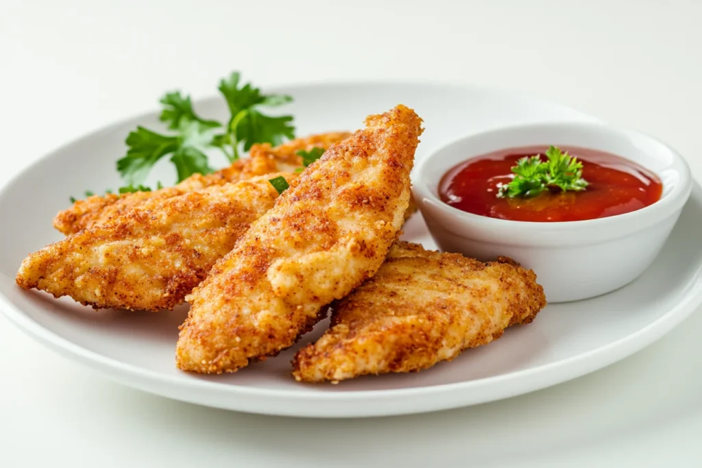 Crispy baked chicken tenderloins neatly plated with a side of dipping sauce, ready to serve.